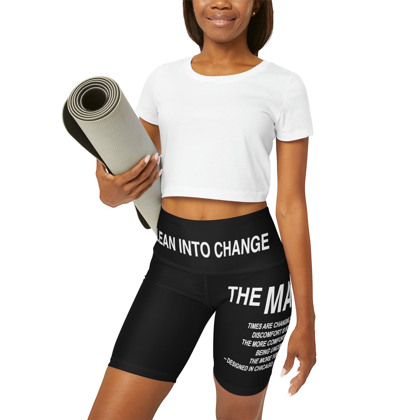 "LEAN INTO CHANGE" - LARGE LOGO HIGH WASTED YOGA SHORTS