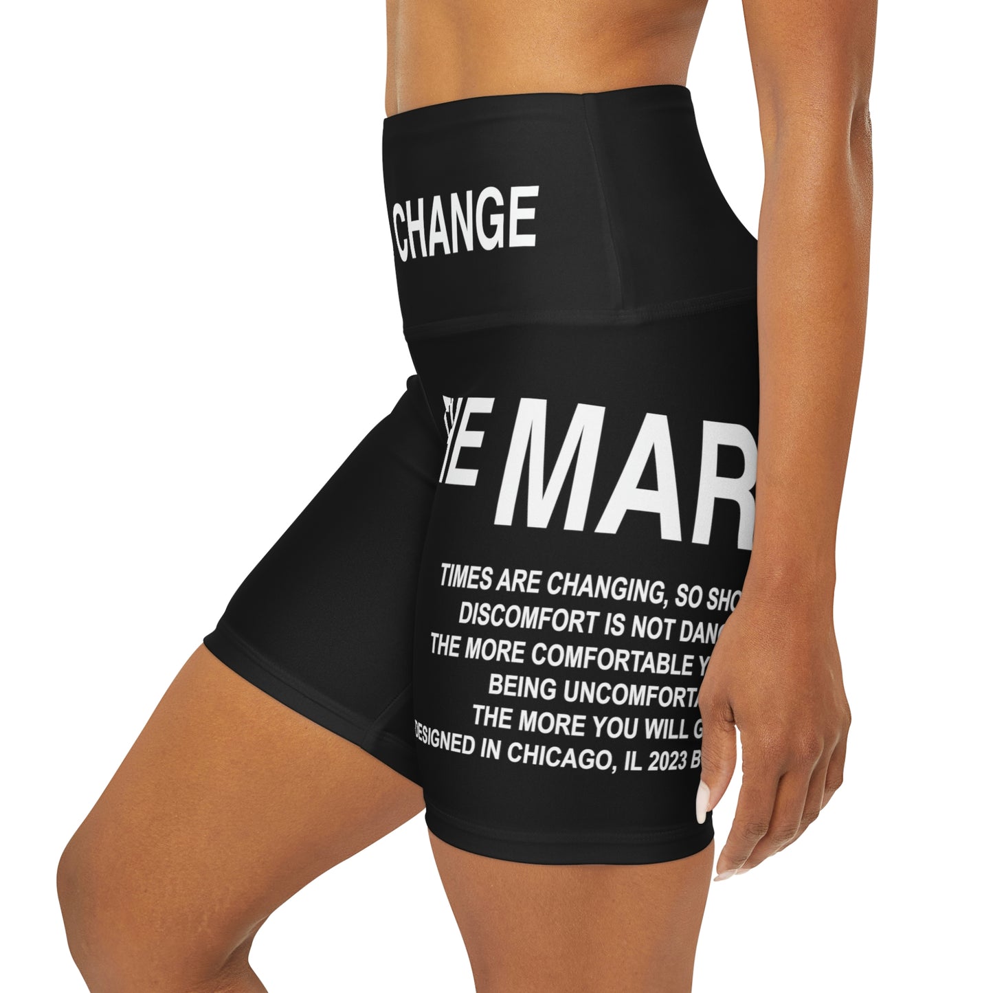 "LEAN INTO CHANGE" - LARGE LOGO HIGH WASTED YOGA SHORTS